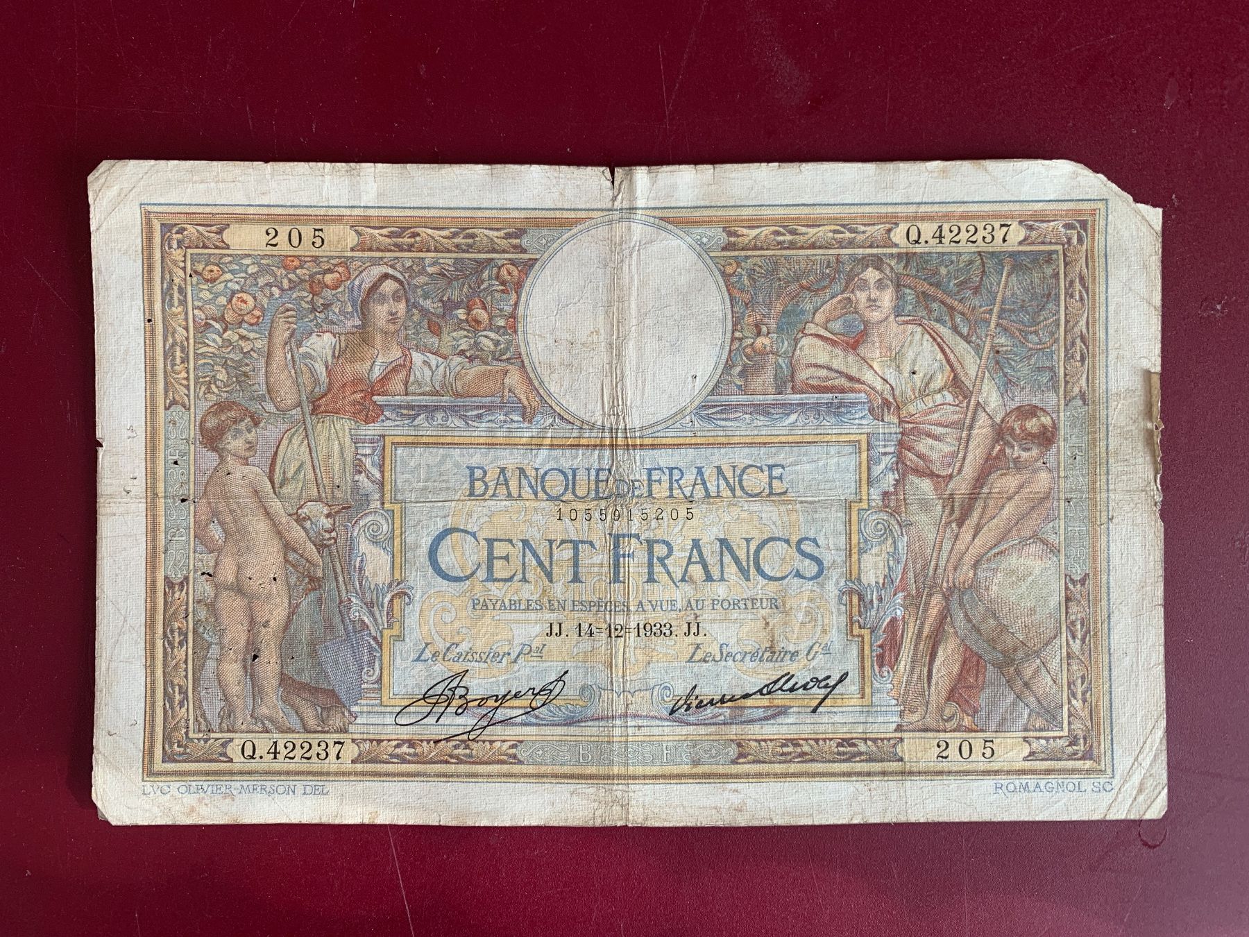 Banconote: FRANCE - CENT Francs 14.12.1933  - Usagé TTB / Gebraucht SS – Usato da Le Lignon venduto da Trikles