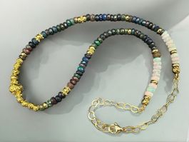 Unikat 💎 Halskette Opal, Lava-Einsätze vergoldet 18K - Neu