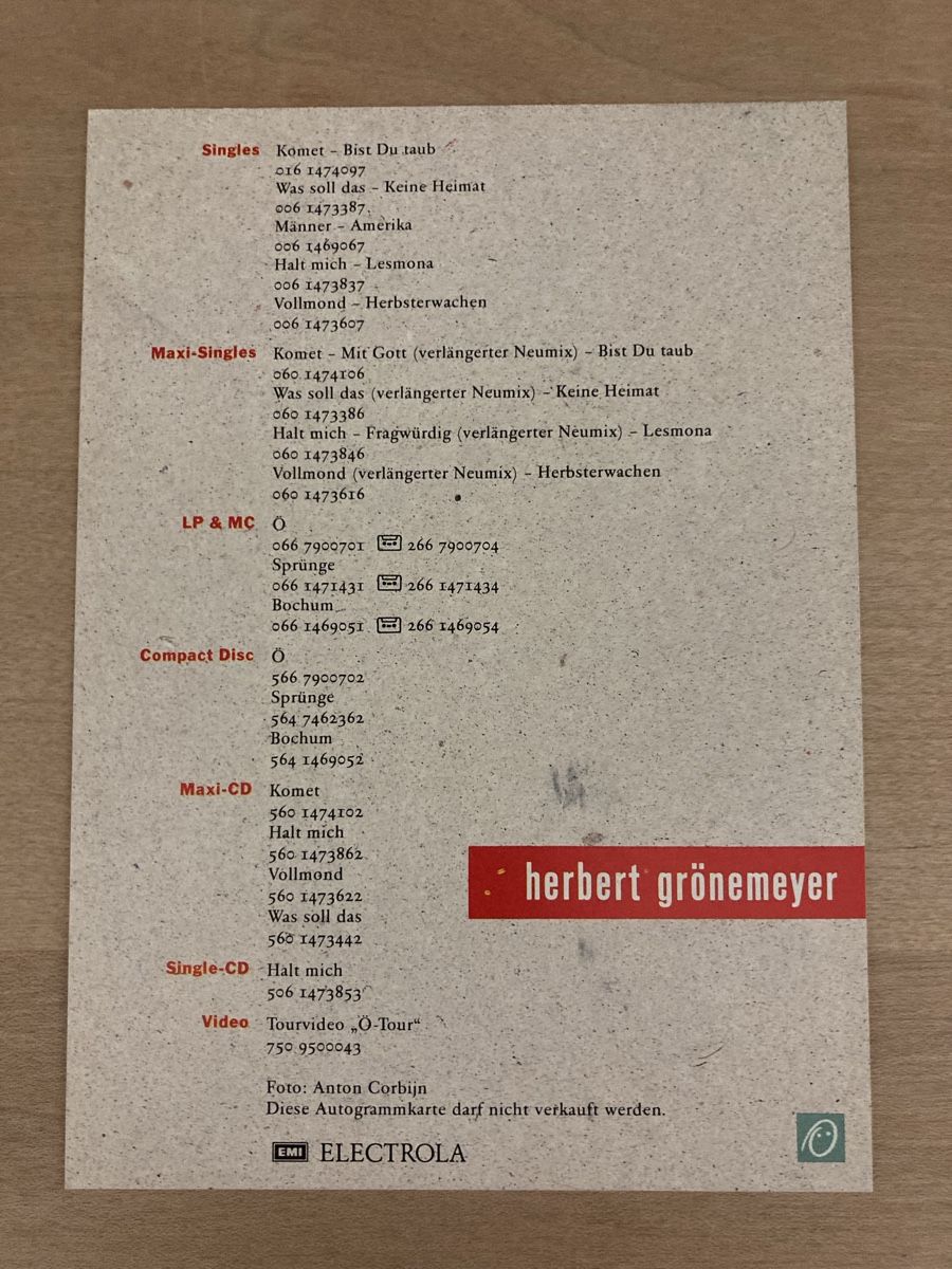 Autografi: Autogrammkarte Herbert Grönemeyer – Usato da Zürich venduto da Interpol 1