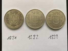 3 Schweizer 5-Franken-Münzen 1931 1932 1939 / SILBER