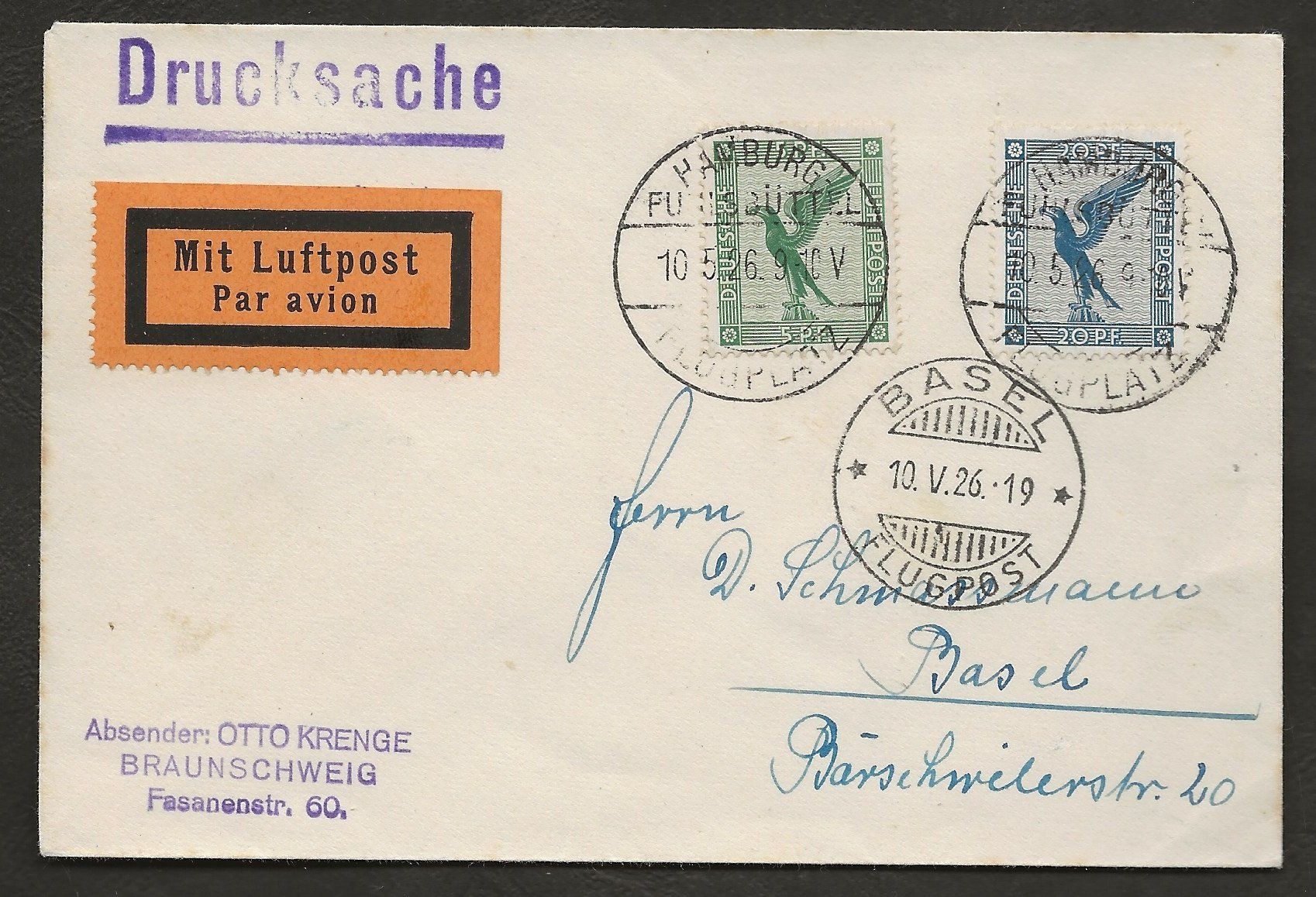 Alle Briefmarken: Flugpost Schweiz 1926 Hamburg Basel Luftpost – Gebraucht aus Au ZH von xelagreb01
