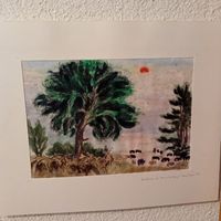 Aquarell Landschaft mit Bäumen und Schafen