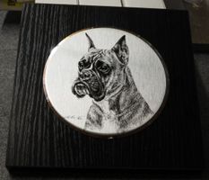 BOXER BILD 12,6cm, DRUCK 13CM diam. scheibe, SCHWA Holz 18,5