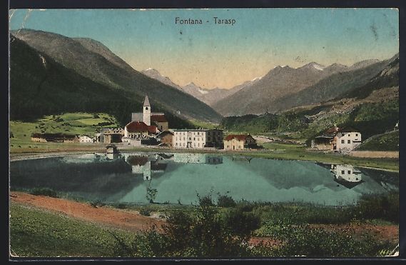 Cartoline postali: AK Fontana-Tarasp, Panorama mit Kirche – Usato da Berlin venduto da bartko-reher