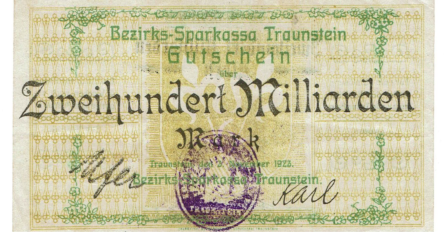Banknoten: Traunstein 200 Mrd.Mark+Stempel SS+-SS++ – Gebraucht aus Steffisburg von ber_8htf