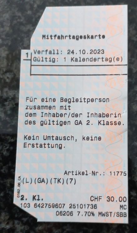 SBB Mitfahr-Tageskarte 2.Klasse gültig bis am 24.10.2023 | Acheter sur Ricardo