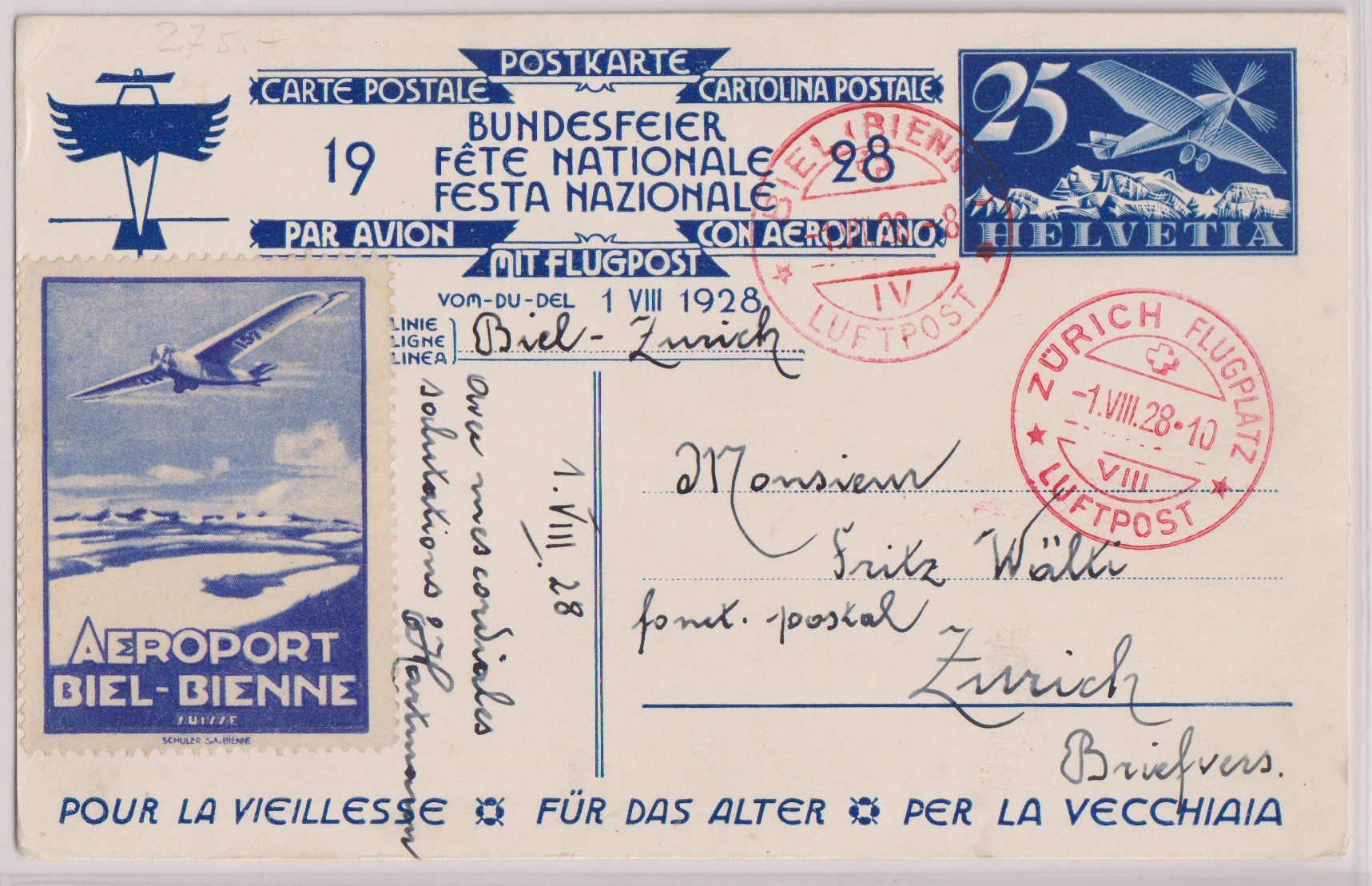 Alle Briefmarken: Bundesfeierkarte 1928 mit Vignette – Gebraucht aus Eschlikon TG von PhilCon