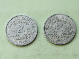 2x 2 Francs France 1943 + 1944 Alu Etat Francais