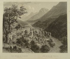 DIE BÄDER IN TARASP, GRAUBÜNDEN, STAHLSTICH UM 1870