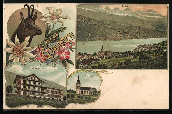 Cartes postales: Litho Quarten, Kurhaus, Kirche und Ortsa – D'occasion à Berlin par bartko-reher
