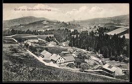 AK Gambach-Rüschegg, Panorama mit Bauernhäusern und Wald