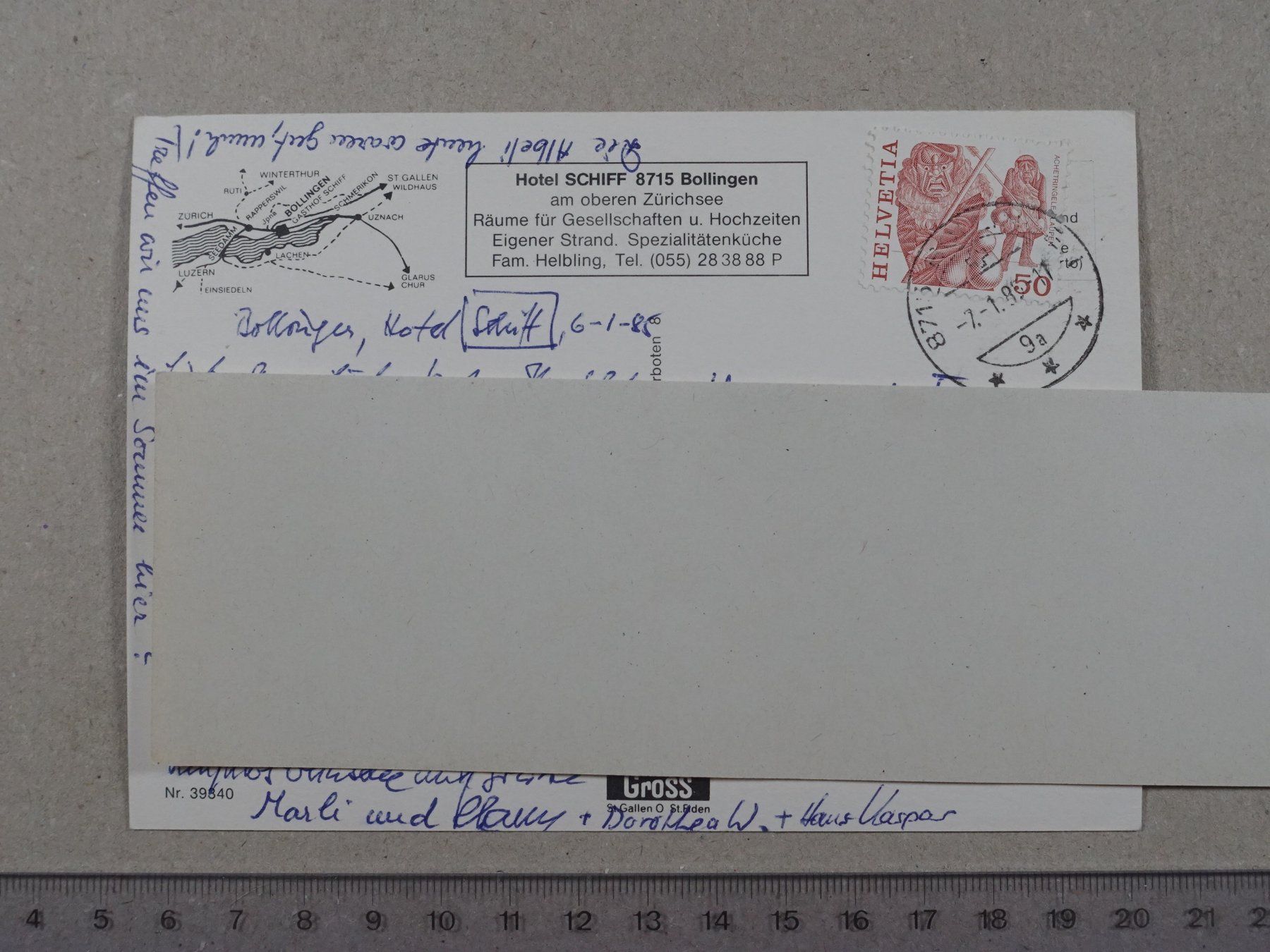 Cartoline postali: Bollingen, Hotel Schiff, 1985 – Usato da Lenzburg venduto da fh1 1