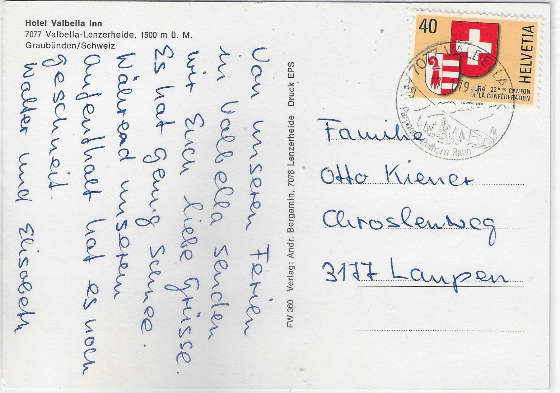 Cartoline postali: Hotel Valbella Inn - Valbella-Lenzerheide - Eisfeld Curling – Usato da Ettingen venduto da Kartenplanet 1