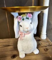 Deko Hase mit Tablett / Schale Alu, Weiss / Gold