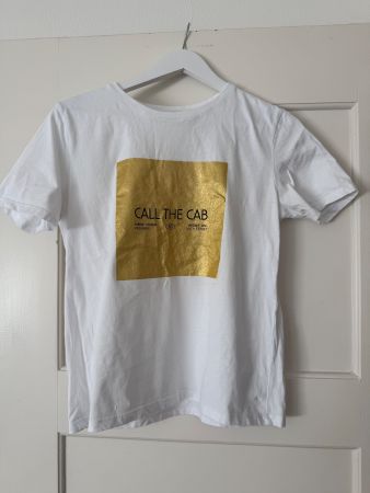 Zara White T-Shirt “Call the Cab” – Size S
