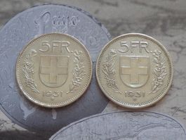 2 x 5 Fr. 1931 B (Variantes 10* + 13* über Kopf - s/la tête)