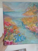 Acrylbild Blumen& Fluss bunte Farben von Hand gemalt,20x30cm