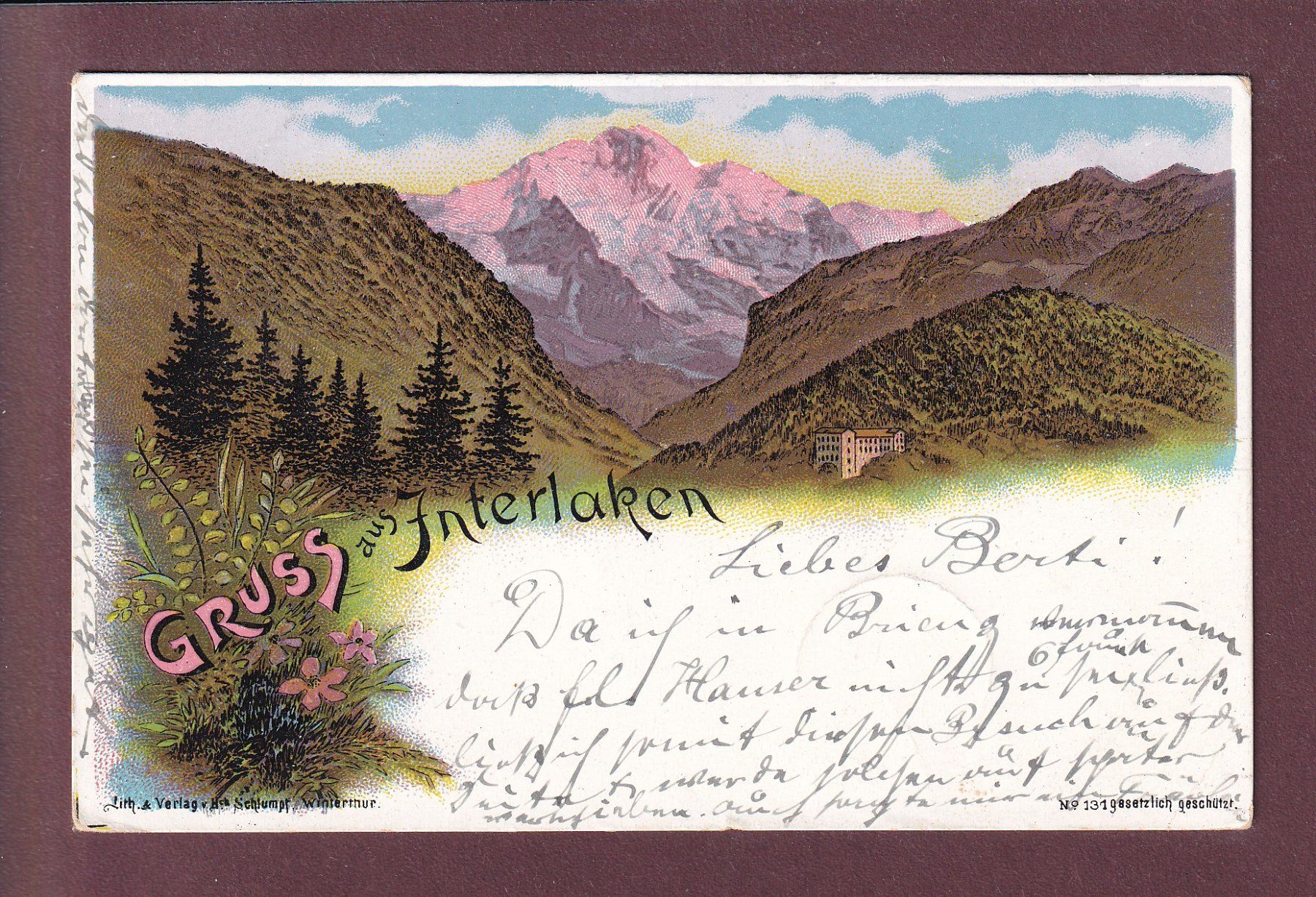 Cartoline postali: Gruss aus INTERLAKEN - 1899 Litho Schlumpf – Usato da Pully venduto da nicecards
