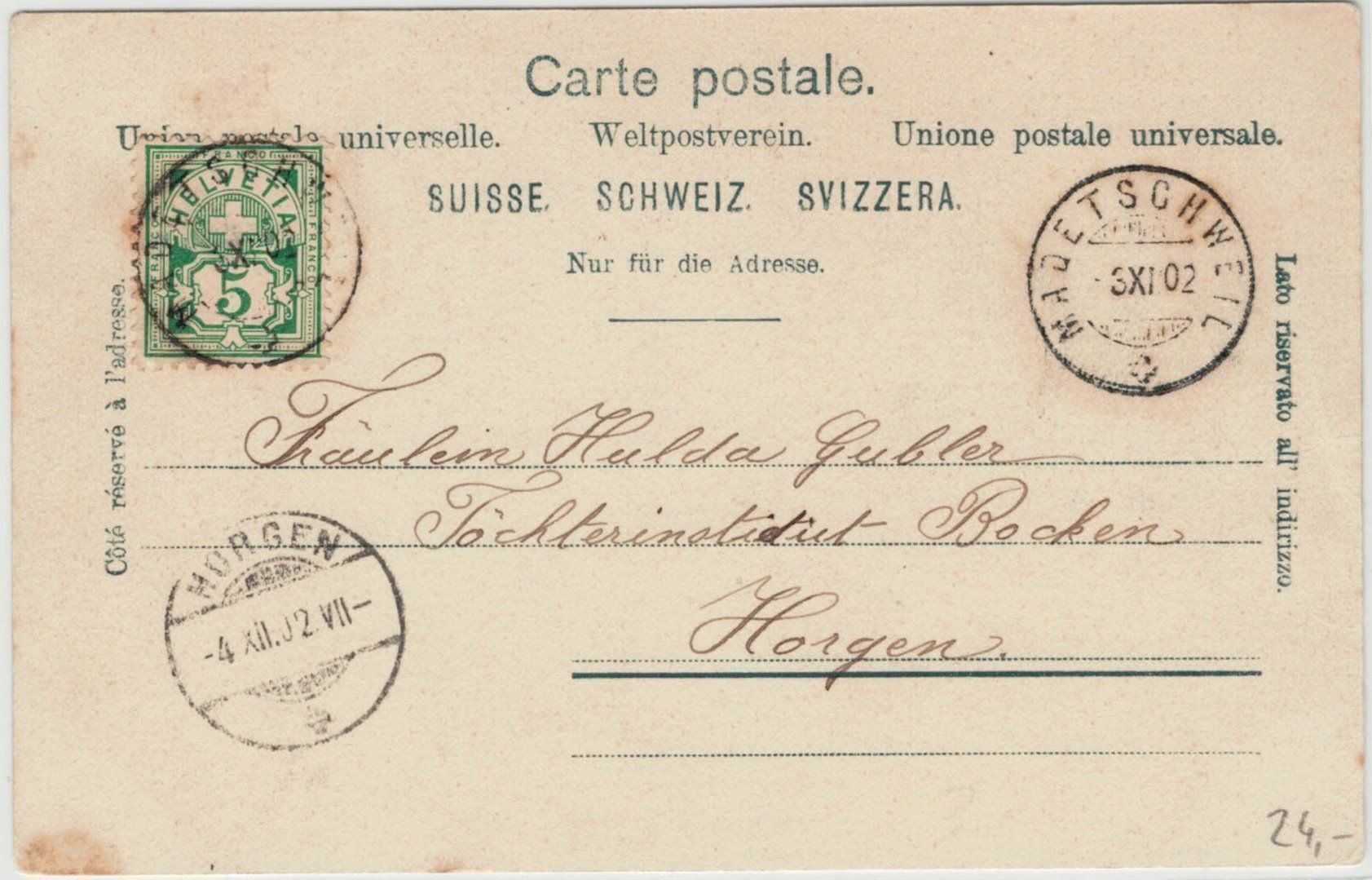 Cartoline postali: ZH 8 Pfäffikon Kranken-Asyl 1902 – Usato da Fribourg venduto da philafri 1