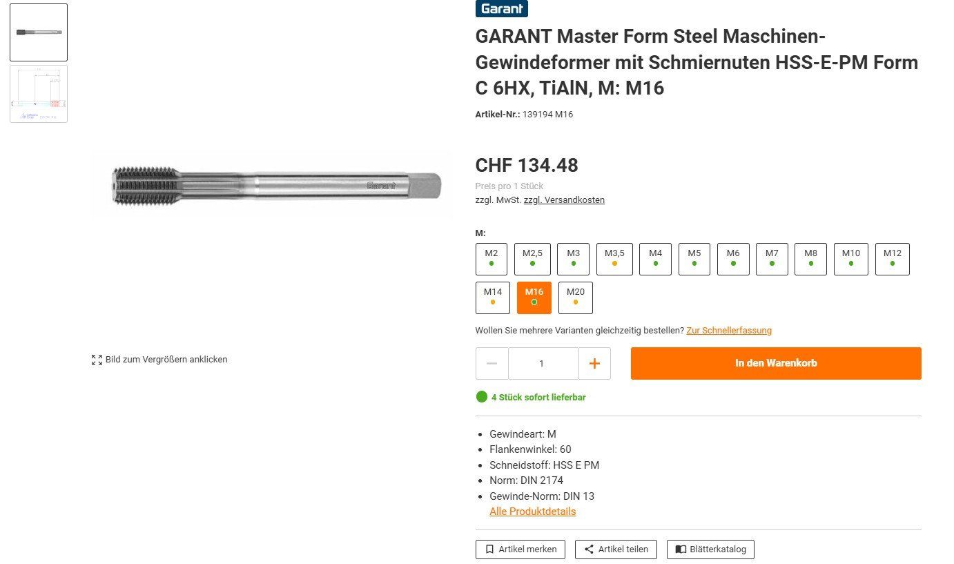 Tutti gli attrezzi: Gewindeformer M16 Garant  >>NEU<< #9.2.5 – Nuovo e nell'imballaggio originale da Kestenholz venduto da hstech.ch 2