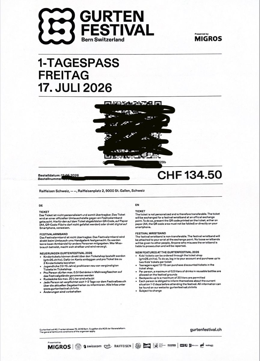 Biglietti: Gurtenfestival Freitag Ticket – Nuovo (secondo la descrizione) da Winterthur venduto da sab_9qhb