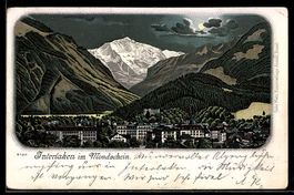 Lithographie Interlaken, Teilansicht mit Blick zur Jungfrau