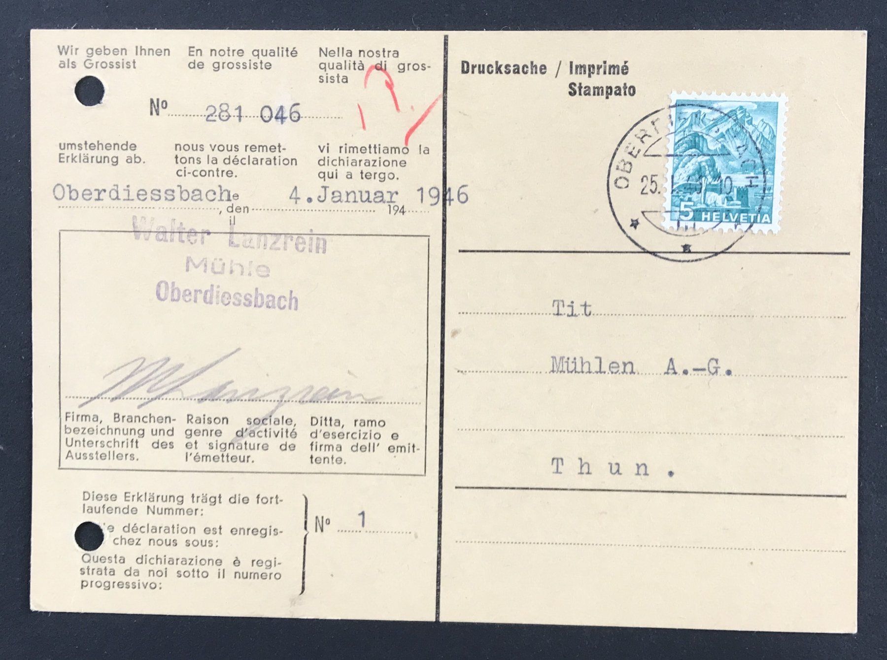 Tutti i francobolli: POSTKARTE 1946 – Usato da Ostermundigen venduto da Kari1937