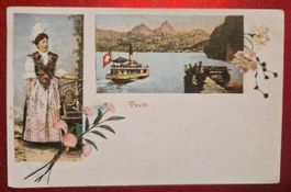 Lithokarte : Treib Schweiz mit Tracht und Schiff