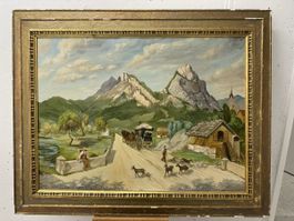 Ölgemälde Berglandschaft Mythen Kt Schwyz Kutsche Geissen 