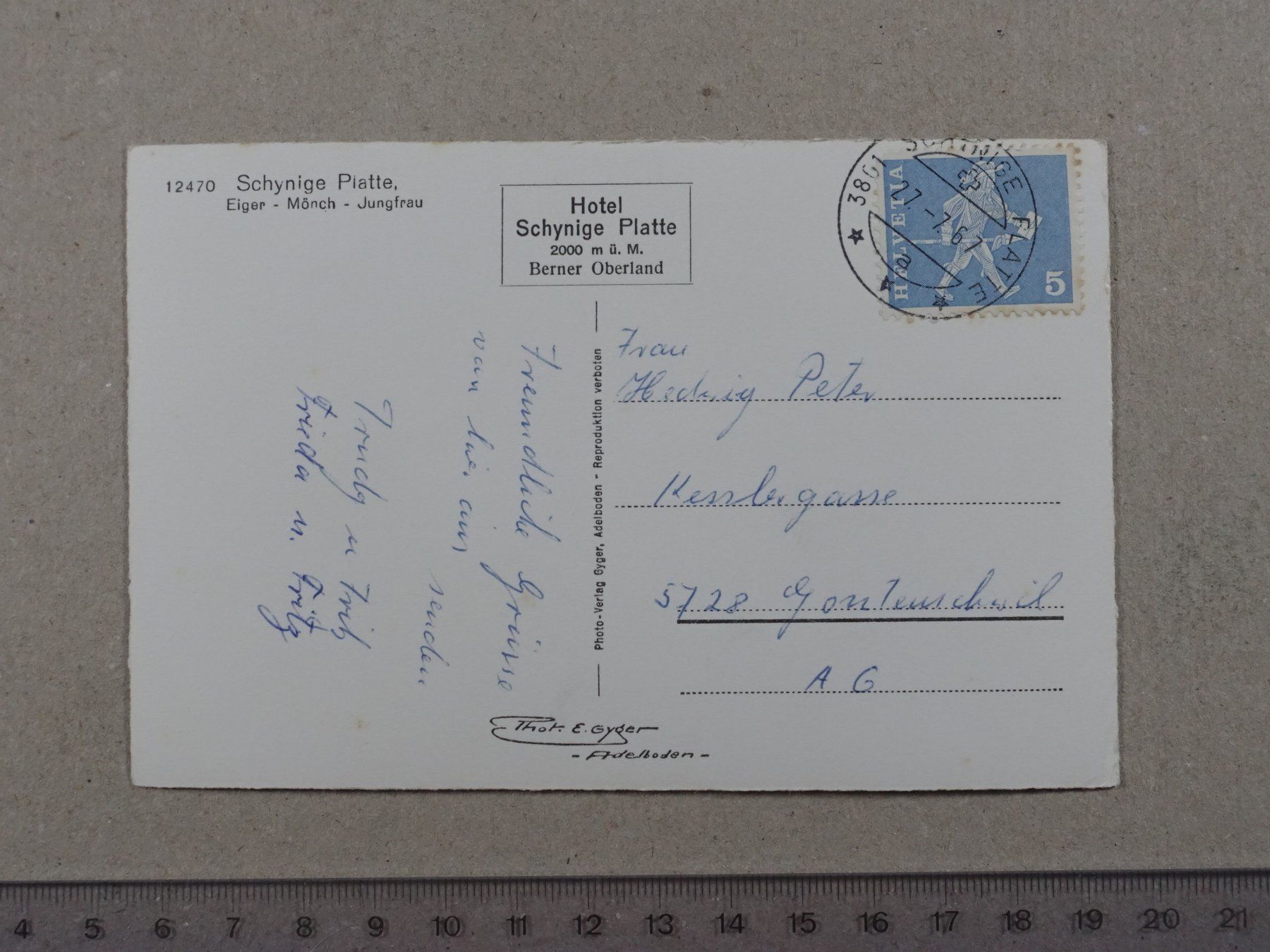 Cartoline postali: Schynige Platte, Eiger, Mönch, Jungfrau, 1957 – Usato da Lenzburg venduto da fh1 1