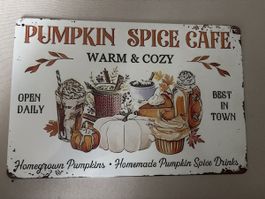 Blechschild Pumpkin Spice Cafe Dekoration Herbst Motiv