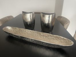 DEKO-SET AUS METALL-SCHALE UND 2 VASEN
