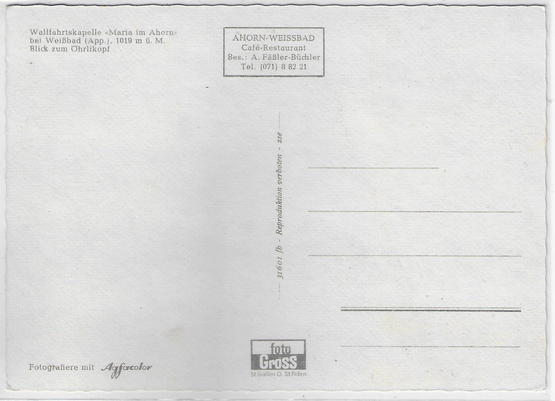 Cartoline postali: Wallfahrtskapelle "Maria im Ahorn" bei Weissbad – Usato da Ettingen venduto da Kartenplanet 1