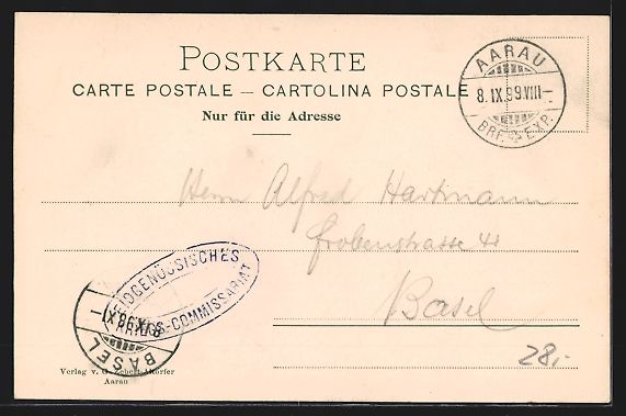 Cartoline postali: AK Aarau, Ortsansicht mit Kirche, 1899 – Usato da Berlin venduto da bartko-reher 1
