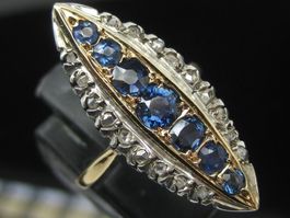 Antik Gold Ring 750 / 18k Navette Saphir 18 Diamanten Gr. 58