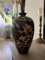 Keramikvase schwarz beige floral guter Zustand