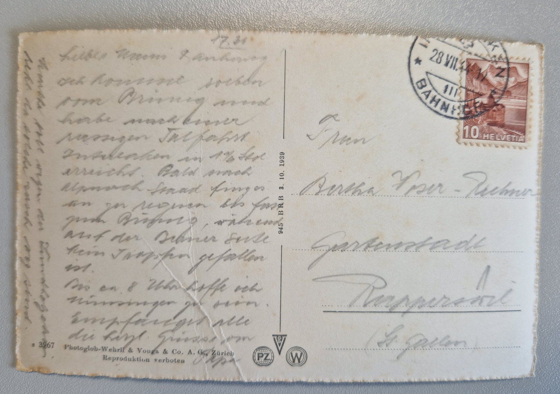 Ansichtskarten: Interlaken und die Jungfrau 1944 – Gebraucht aus Melchnau von Arthurius 1