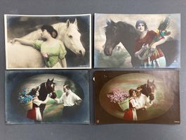 Fotopostkarten Handkoloriert Frau mit Pferd - um 1920 Antik