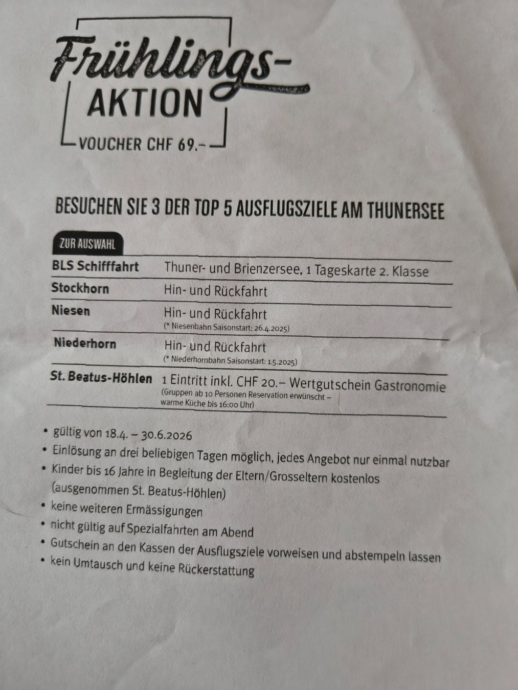 Buoni: Tageskarte: Reisen, Niederhorn oder Schifffahrt – Nuovo (secondo la descrizione) da Wasen im Emmental venduto da Tolinoff