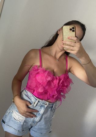 Corset femme fushia orné de fleurs et plumes taille M