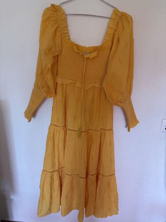 FARM Rio Yellow Smocked Cotton Midi Dress XS | Puff Sleeve T