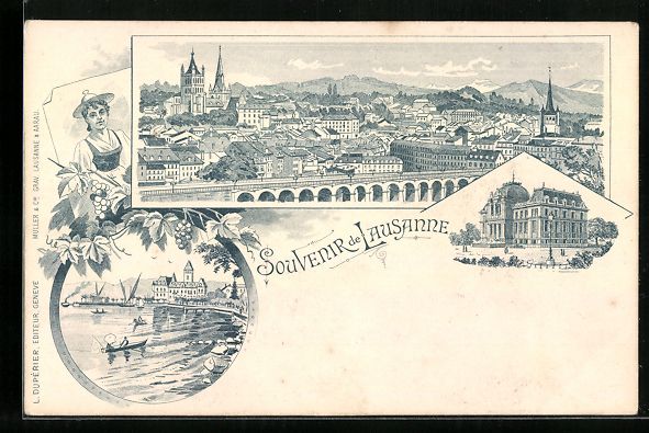 Cartes postales: Litho Lausanne, Blick zum Ort, Uferparti – D'occasion à Berlin par bartko-reher