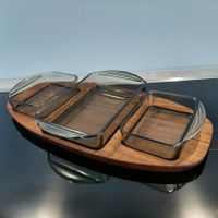 Modern Mid Century 60er Design Teak Tablett Rauchglas 70er