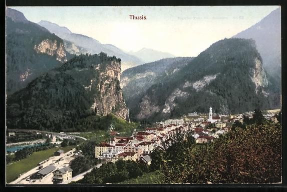 Cartoline postali: AK Thusis, Teilansicht mit Bergen – Usato da Berlin venduto da bartko-reher