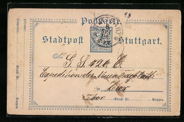 Cartoline postali: Stuttgart, Private Stadtpost, Drei Pfenn – Usato da Berlin venduto da bartko-reher