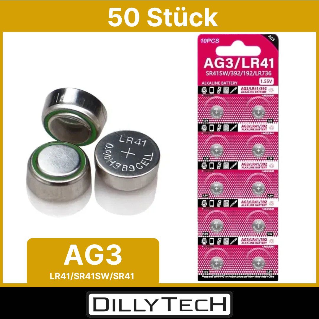 Caricatori & Batterie: DTecH AG3, LR41, 392 Knopfzellenbatterie - 50 Stk. – Nuovo e nell'imballaggio originale da Meilen venduto da DillyTecH