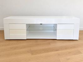 Meuble TV bas blanc brillant avec rangements  138 cm