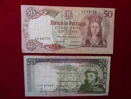 2 Banknoten 50 Escudos 1964 + 20 Escudos 1964 - Portugal