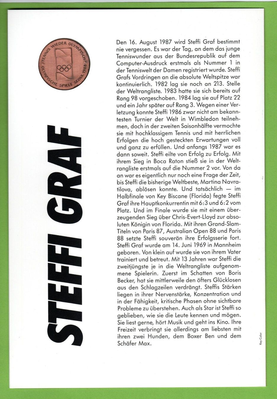 Medaglie: 1988 Steffi Graf m. Medaille Pro Olympia – Nuovo (secondo la descrizione) da Stein am Rhein venduto da Huehnerhund 1