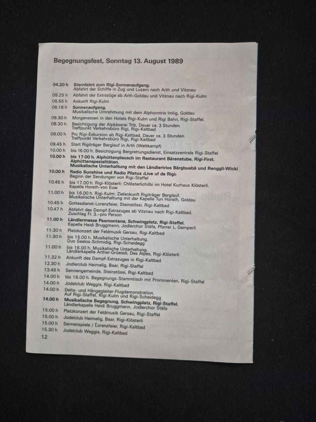 Dokumente: Programm Rigi 13. August 1989 Begegnungsfest – Gebraucht aus Langendorf von zvonu161 1